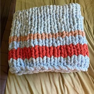Cozy Chunky Knit Throw - Light Blue with Orange & Tan Stripes